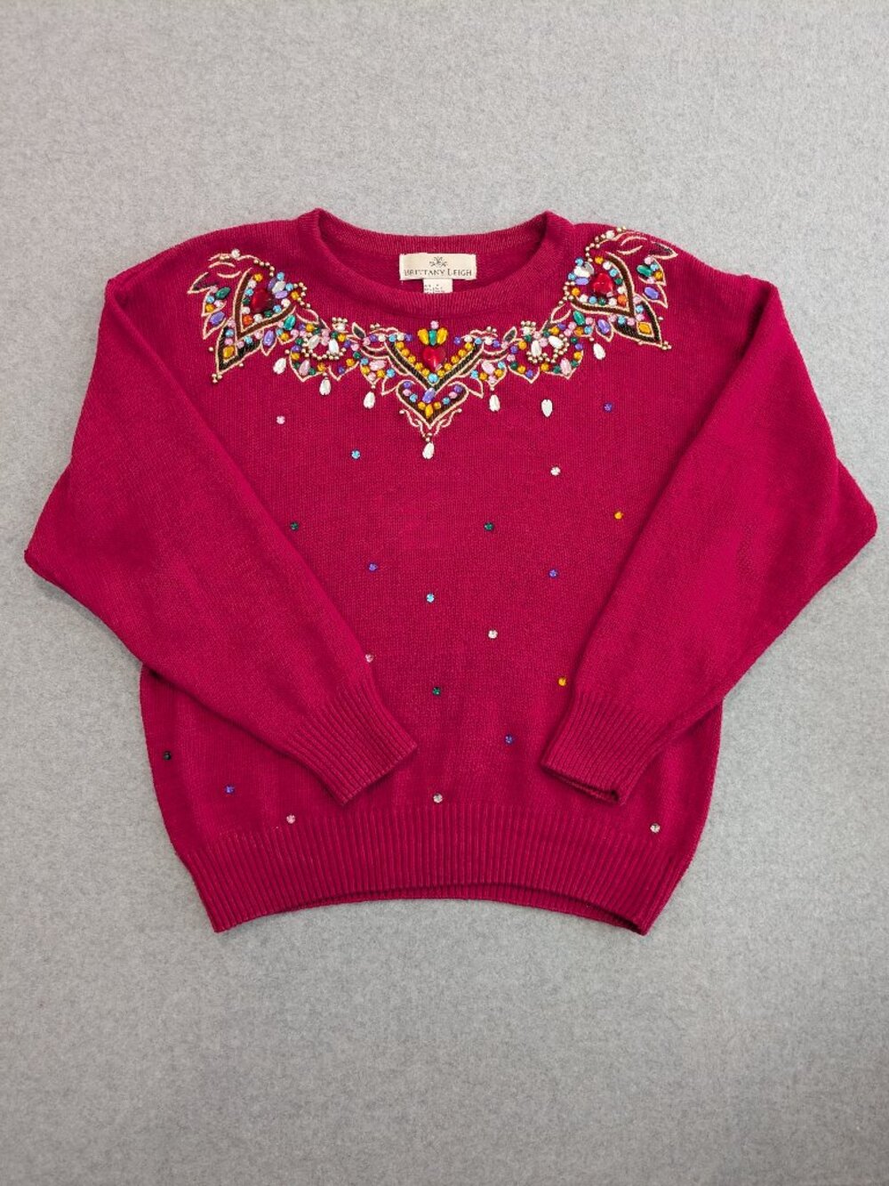 Vintage 80s 90s Pink Chunky Knit Sweater Brittany Leigh Embellished Bedazzled M
